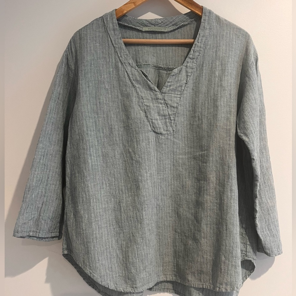 Cut Loose Woven Lagenlook Minimalist Top Medium Boxy Tunic Split V-Neck Green